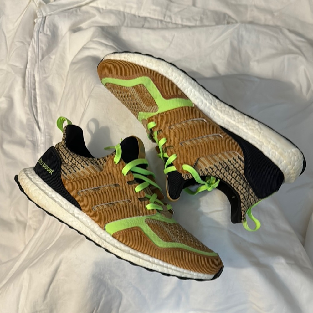 Adidas Tan and Neon Green Running Shoes